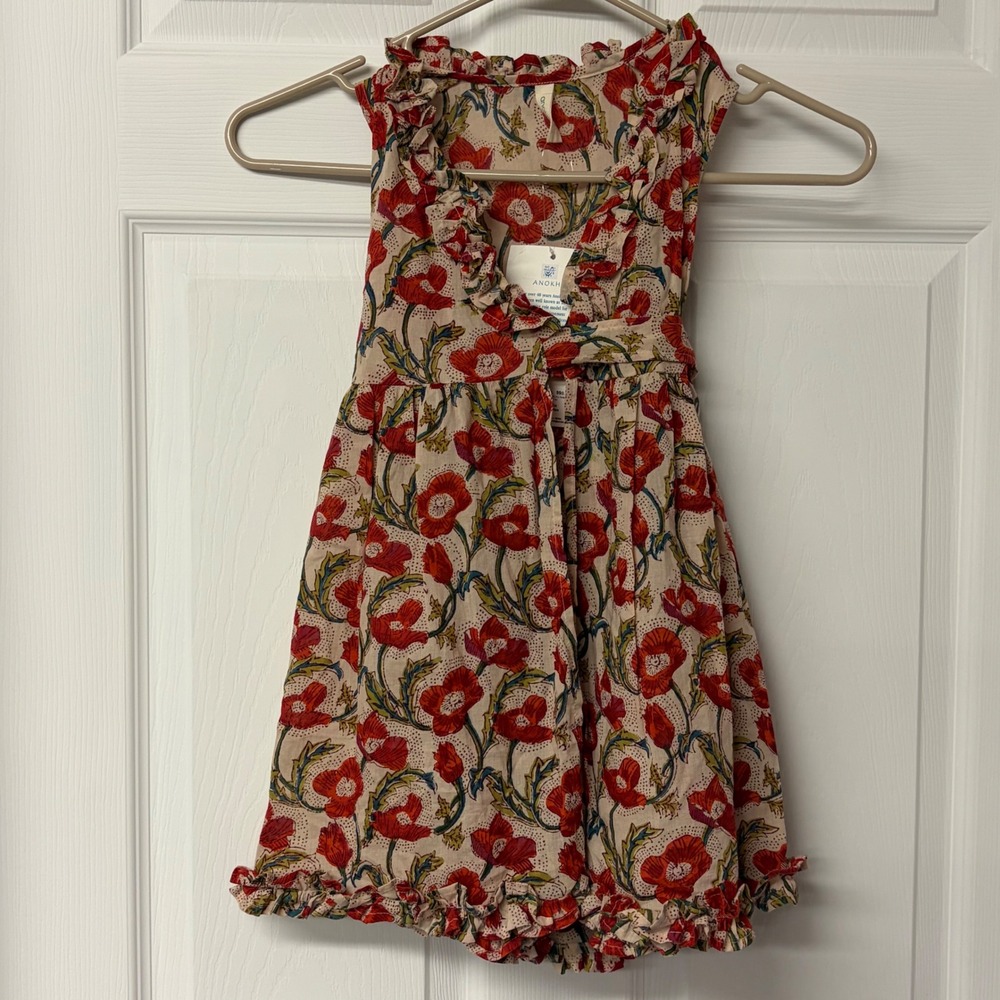Anokhi Koki Kids Cotton Frill Dress Red Floral Block Print Poppy Size 4/5 104cm